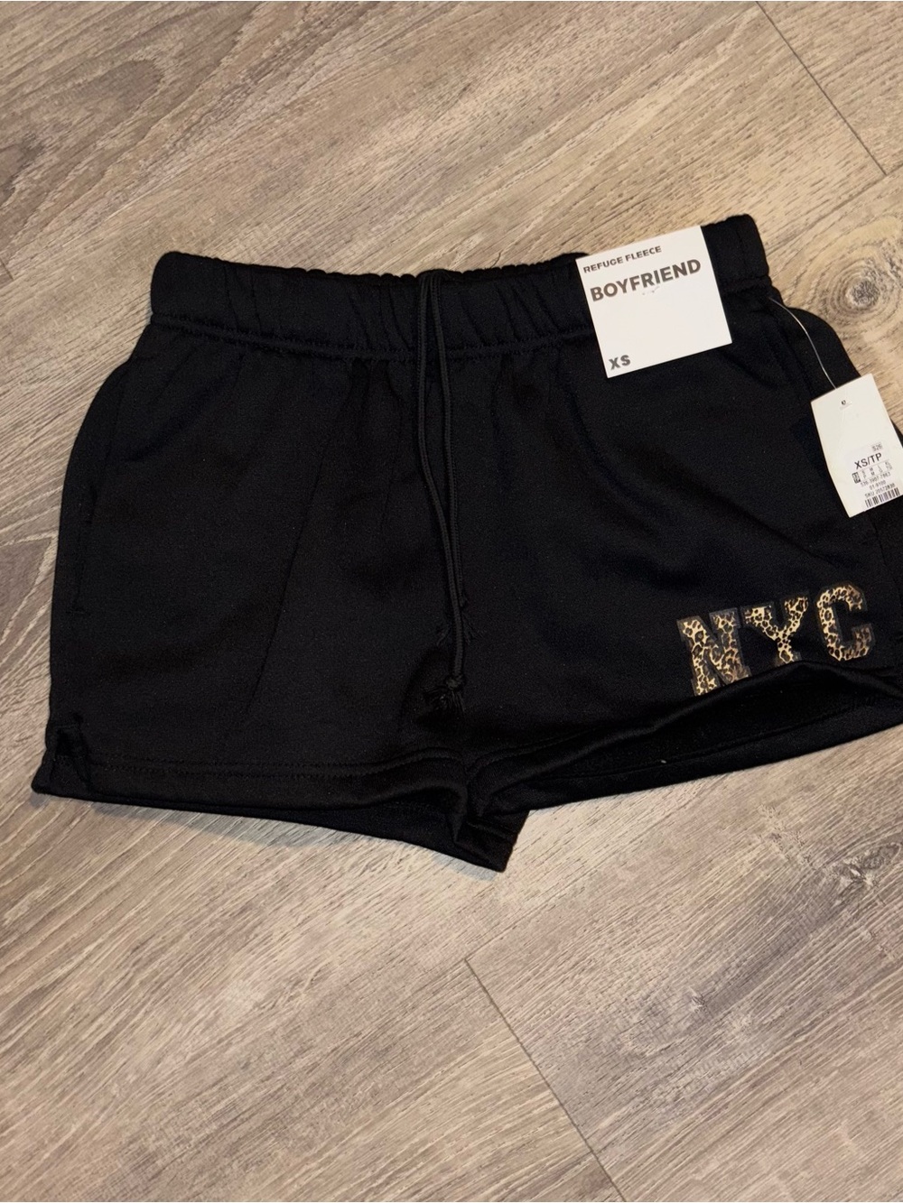 Refuge Fleece Black Boyfriend Shorts with Leopard NYC Accent